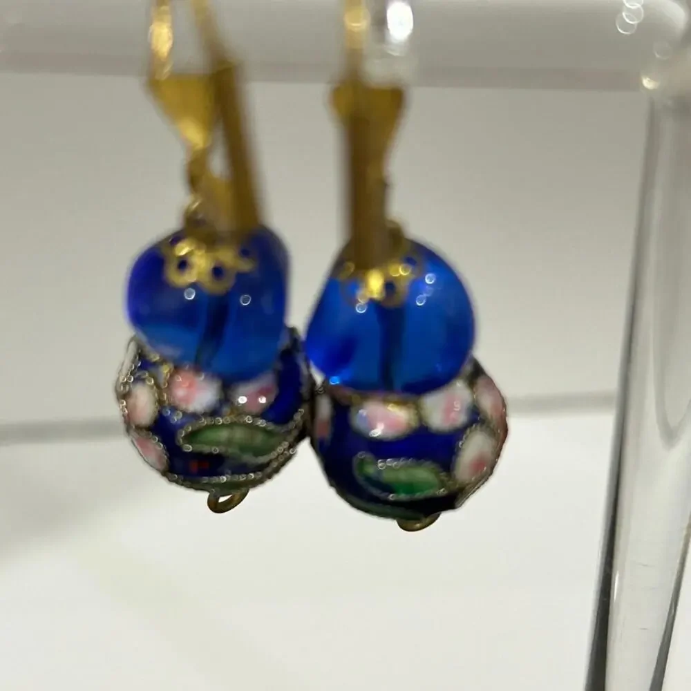 Cloisonne dangle pierced earings blue glass enamal gold deco